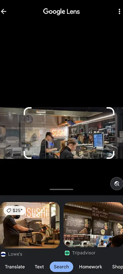 Google Lens search results showing the cropped sushi sign