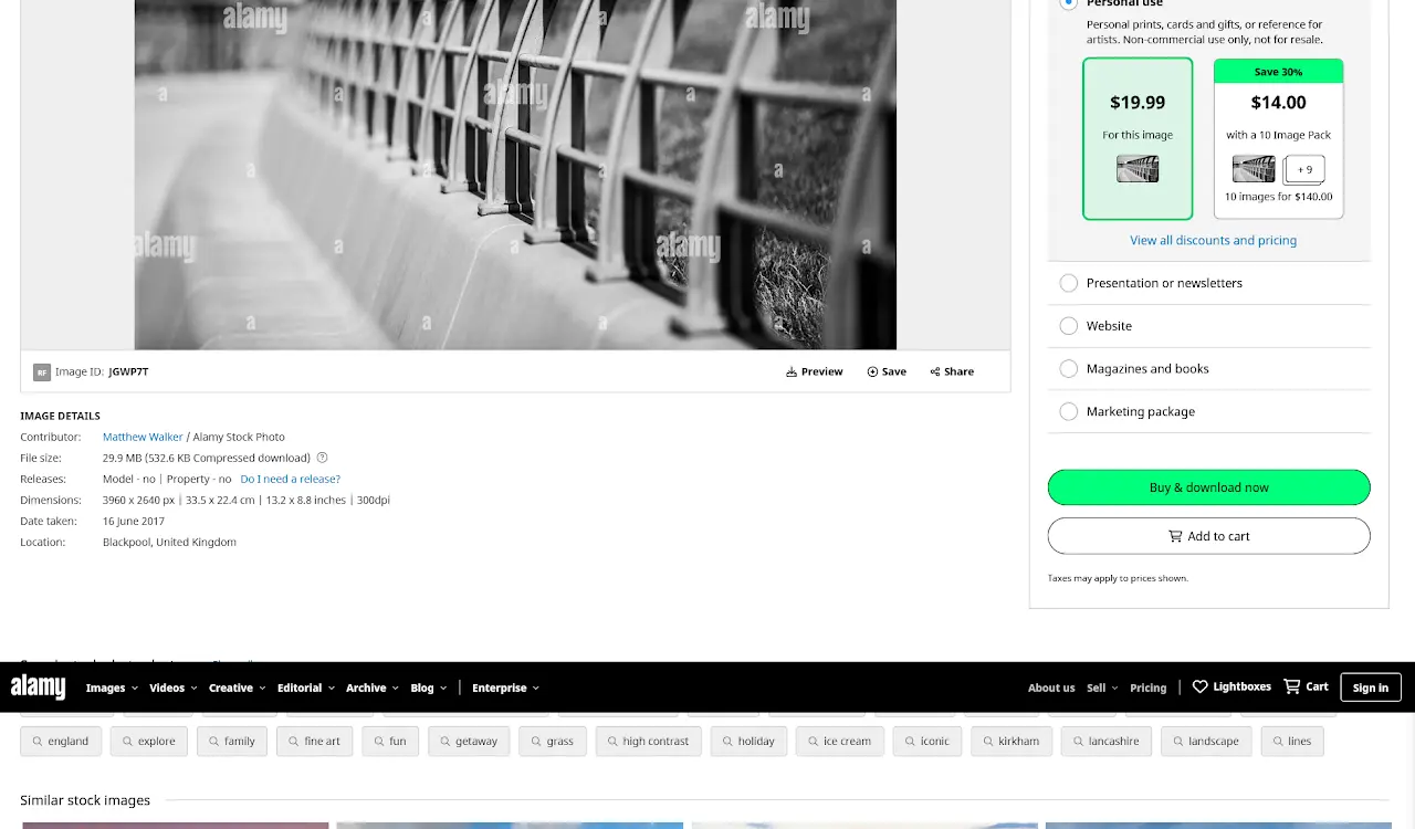 Alamy stock photo result showing matching pier shape with white railings - identified as Blackpool